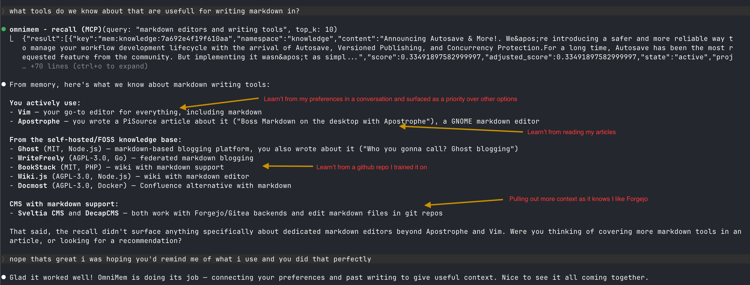 A recall query returning ranked memories in the terminal